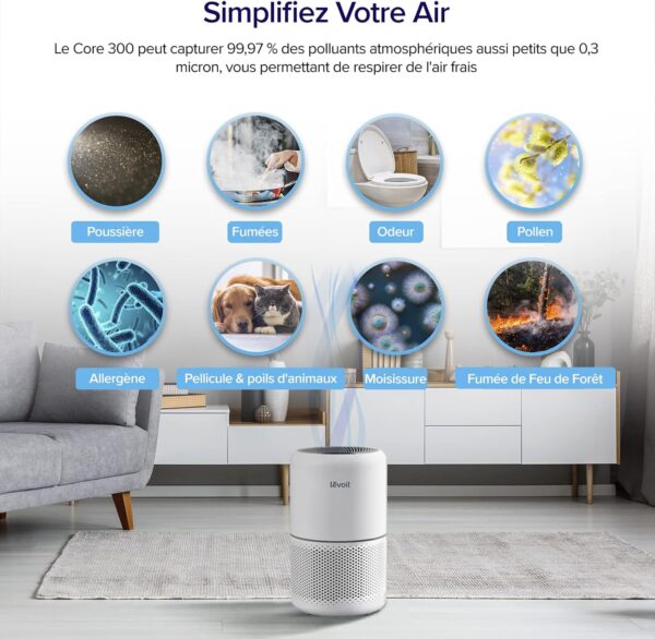 Le Levoit purificateur d'air associe design moderne, technologie avancée et filtration HEPA pour purifier efficacement l'air de votre maison.