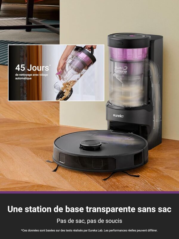 Eureka E20 Plus Robot Aspirateur de 8000 Pa avec Station de Vidange Automatique sans Sac, Robot Aspirateur Laveur Anti Enchevêtrement, Évitement d'obstacles 3D, Autonomie de 180 Minutes, DuoDetect AI
