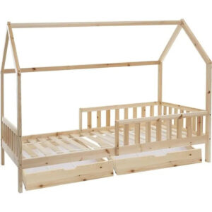 KONTARBOOR Lit cabane enfant en Bois Naturel 90x190 cm, Lit cabane bebe - cabane enfant​