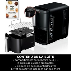 Ninja Double Stack Air Fryer, Friteuse verticale sans huile à 2 tiroirs et 2 grilles, 4 niveaux cuisson, 7.6L, Noir SL300EU