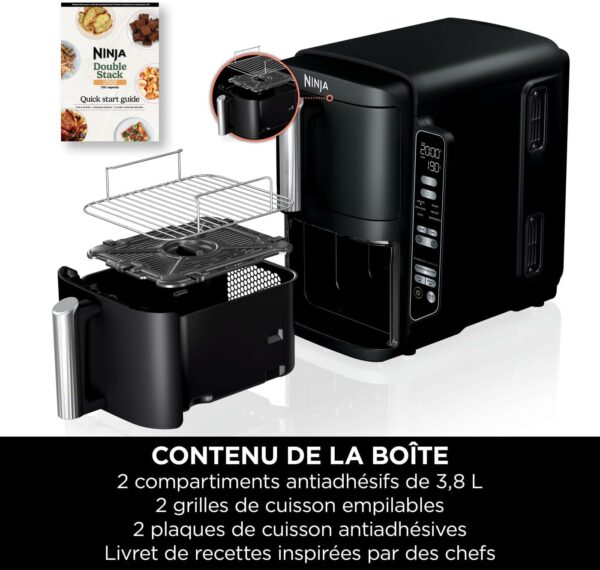 Ninja Double Stack Air Fryer, Friteuse verticale sans huile à 2 tiroirs et 2 grilles, 4 niveaux cuisson, 7.6L, Noir SL300EU
