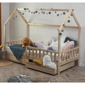 KONTARBOOR Lit cabane enfant en Bois Naturel 90x190 cm, Lit cabane bebe - cabane enfant​