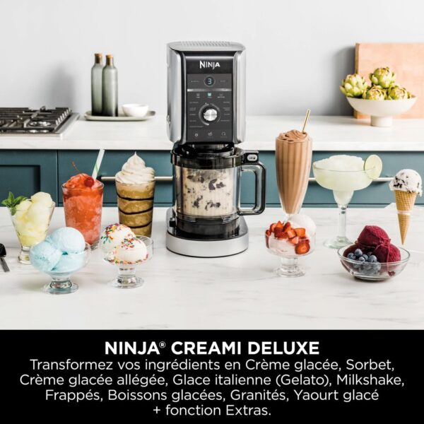 Ninja CREAMi Deluxe Sorbetière machine à desserts glacés 3 bacs, 10 fonctions,crème glacée, sorbets,yaourts glacés, des milkshakes, des slush et plus encore, option de saveur 2 en 1, argent, NC501EU