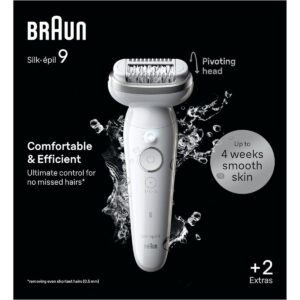 Épilateur Braun Silk-épil 9 avec tête pivotante, Braun Silk-épil 9 pour zones sensibles, Épilateur longue durée Braun, Épilateur Braun étanche pour peau douce, Appareil d’épilation Braun avec accessoires,