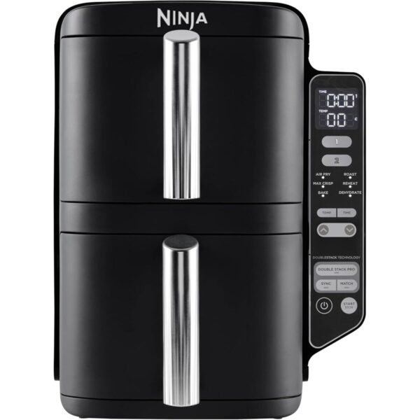 Ninja Double Stack Air Fryer, Friteuse verticale sans huile à 2 tiroirs, 4 niveaux cuisson, 2 tiroirs et 2 grilles, design compact, capacité de 7,6L, 6 fonctions de Cuisson, 6 portions, Noir SL300EU